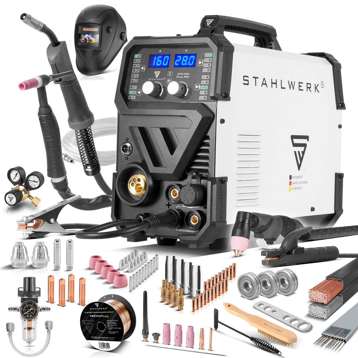 Soldadora combinada STAHLWERK CTM-416 Puls Pro Soldadora de gas inerte 6 en 1 totalmente equipada | Inversor de 160 A, función de impulsos, alimentación de hilo sinérgica y cortador de plasma integrado de 40 A CUT| TIG | MIGMAG | PULSO | MMA | FLUJO