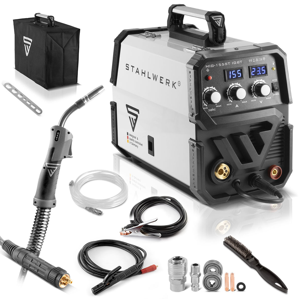 Stahlwerk welding machine Mig Mag 155 St IGBT with a synergic wire feed and real 155 ampere / protective gas welding device with MMA / e-hand