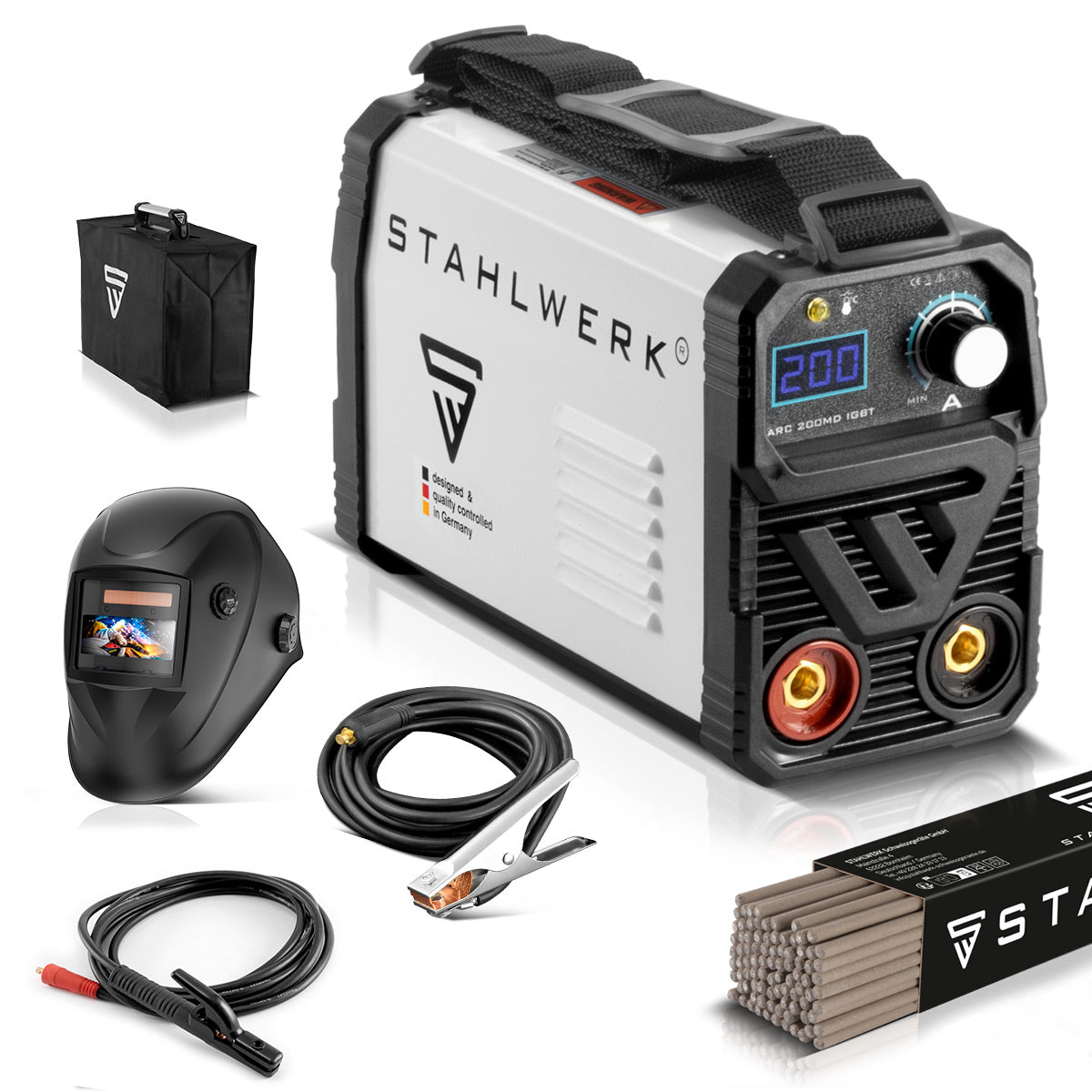 Stahlwerk Arc 200 MD Machine de soldadura Equipo completo - DC MMA | E-Hand | Inverter Lift-Tig con 200 amperios, tecnología IGBT y junta única, garantía del fabricante de 7 años