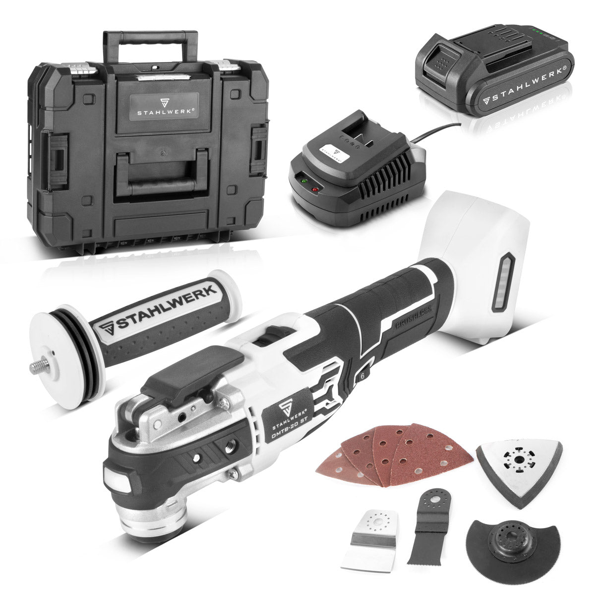 STAHLWERK Oszillierendes Akku Multifunktionswerkzeug OMTB-20 ST mit 900 Watt, 10.500-20.000 U/min und 20 V Akku-System, Deltaschleifer / Oszillationswerkzeug / Multicutter mit Brushless Technologie