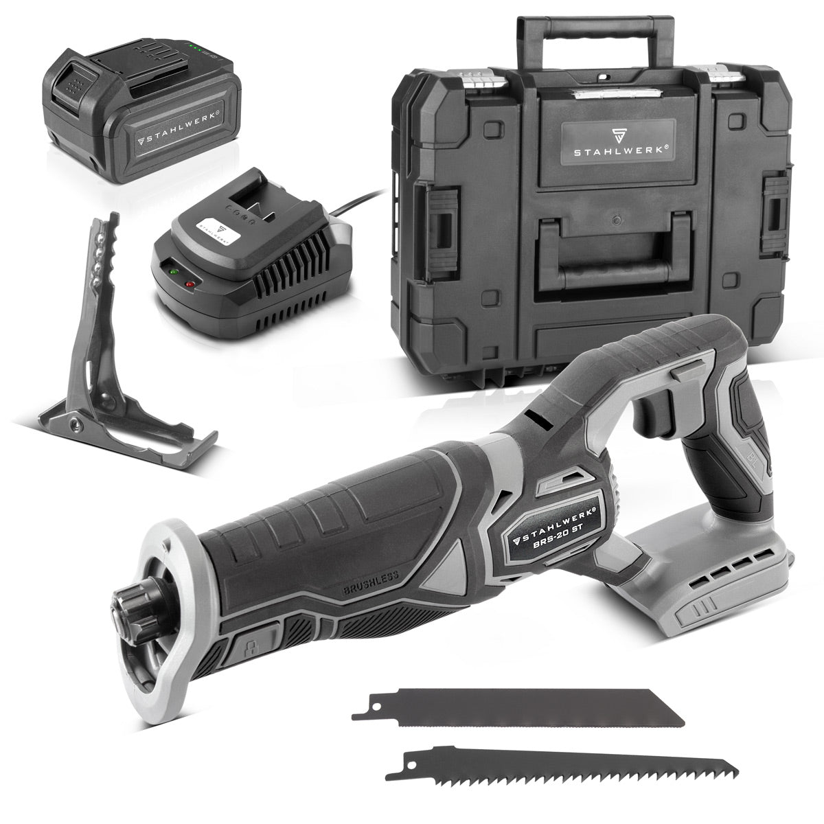 STAHLWERK Brushless Akku-Säbelsäge BRS-20 ST Reciprosäge / Stichsäge / Universalsäge mit 20 Volt, 4 Ah Li Ion Akku, Schnellspannfutter, 0-2600 U/min Leerlaufdrehzahl, 28 mm Hublänge