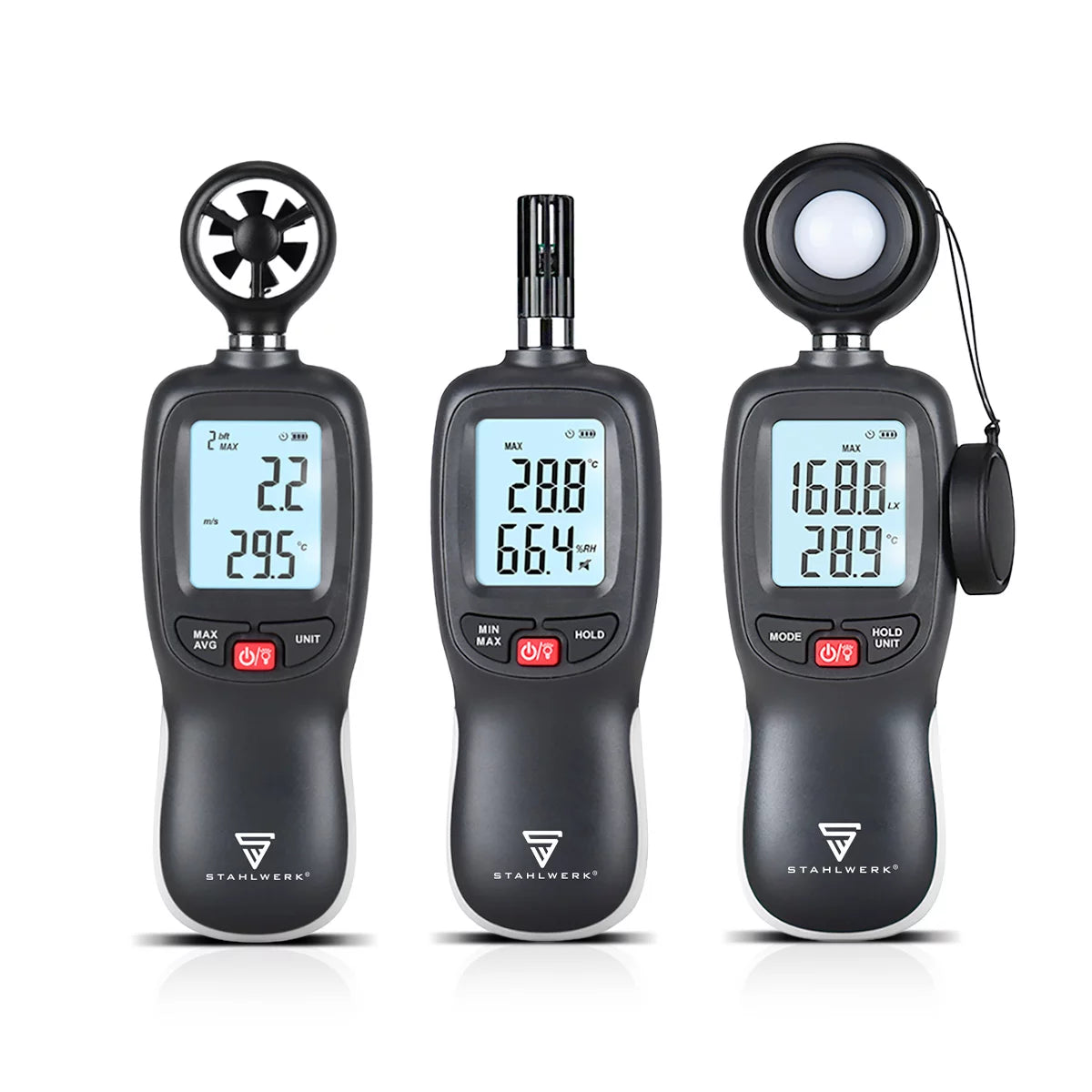 STAHLWERK 3-teiliges Messgeräte-Set mit Anemometer, Thermo-Hygrometer und Luxmeter | Perfekte Messung von Luftgeschwindigkeit, Temperatur, Luftfeuchtigkeit und Beleuchtungsstärke