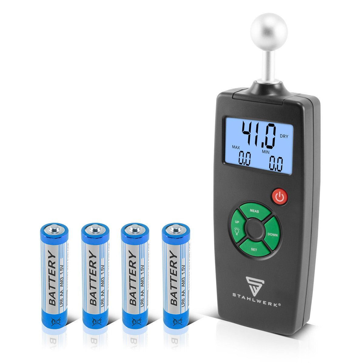 STAHLWERK FM-100 ST Profi Feuchtigkeitsmessgerät mit 40 mm Messtiefe und Kugelkopf, präziser Feuchtigkeitsmesser / Feuchtemesser für Wände, Holz, Putz, Gips und Zement