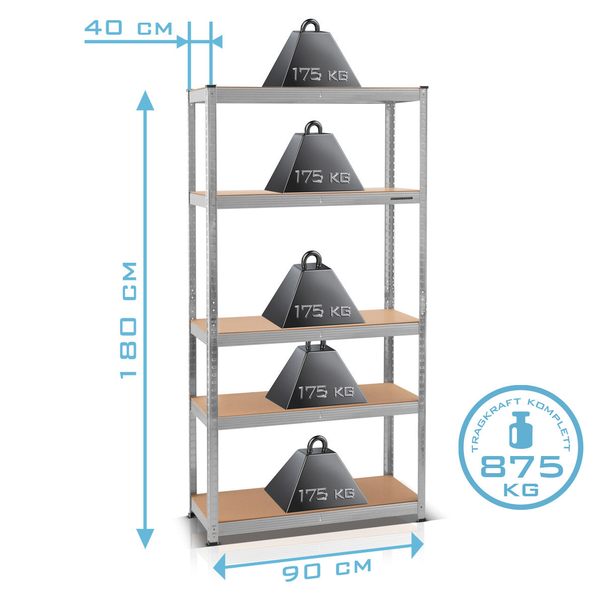 Steelworks heavy load shelf made of galvanized steel and 5 MDF shelf floors, up to 875 kg, 180 cm | Steel shelf for basement, garage, workshop or storage room | Keller shelf | Warehouse shelf