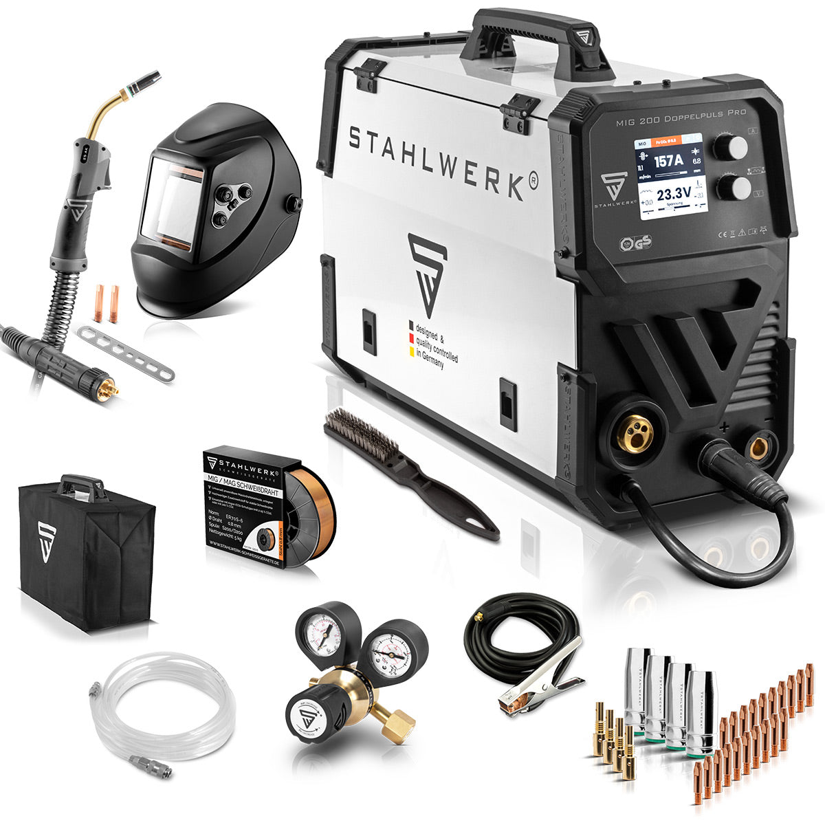 Stahlwerk MIG MAG 200 Double pulse per full equipment Full-syngical welding machine with AK25 welding burner and AK25 wear parts set