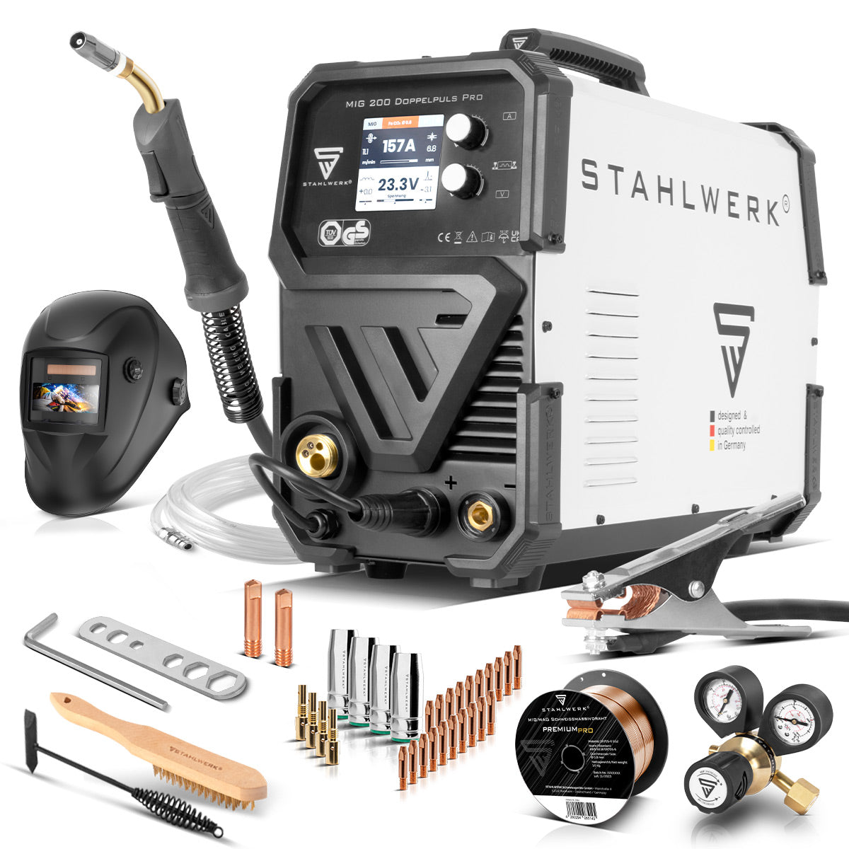 Stahlwerk MIG MAG 200 Double pulse per full equipment Full-syngical welding machine with AK25 welding burner and AK25 wear parts set