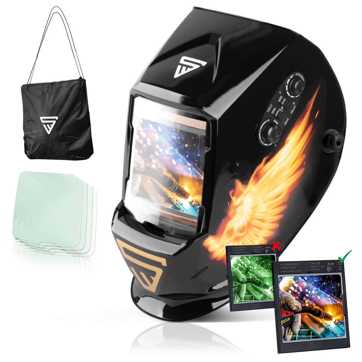 Steelworks 3 in 1 automatic welding helmet ST-990 SE "Special edition Fire" Real Color Helm | Welding umbrella | Welding mask | Welding sign for professional welding, cutting and grinding