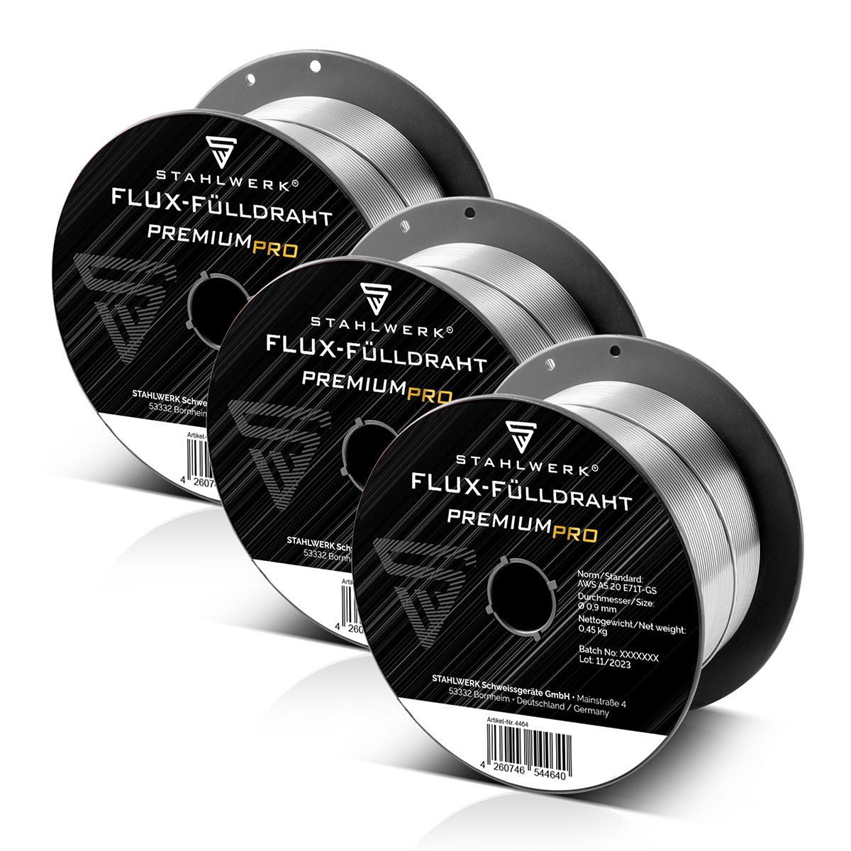 STAHLWERK MIG MAG Premium Schweißdraht - Fülldraht 3er Set E71T-GS Ø 0,9 mm S100/ D100 Drahtrolle mit 0,45 kg / Flux-Fülldraht