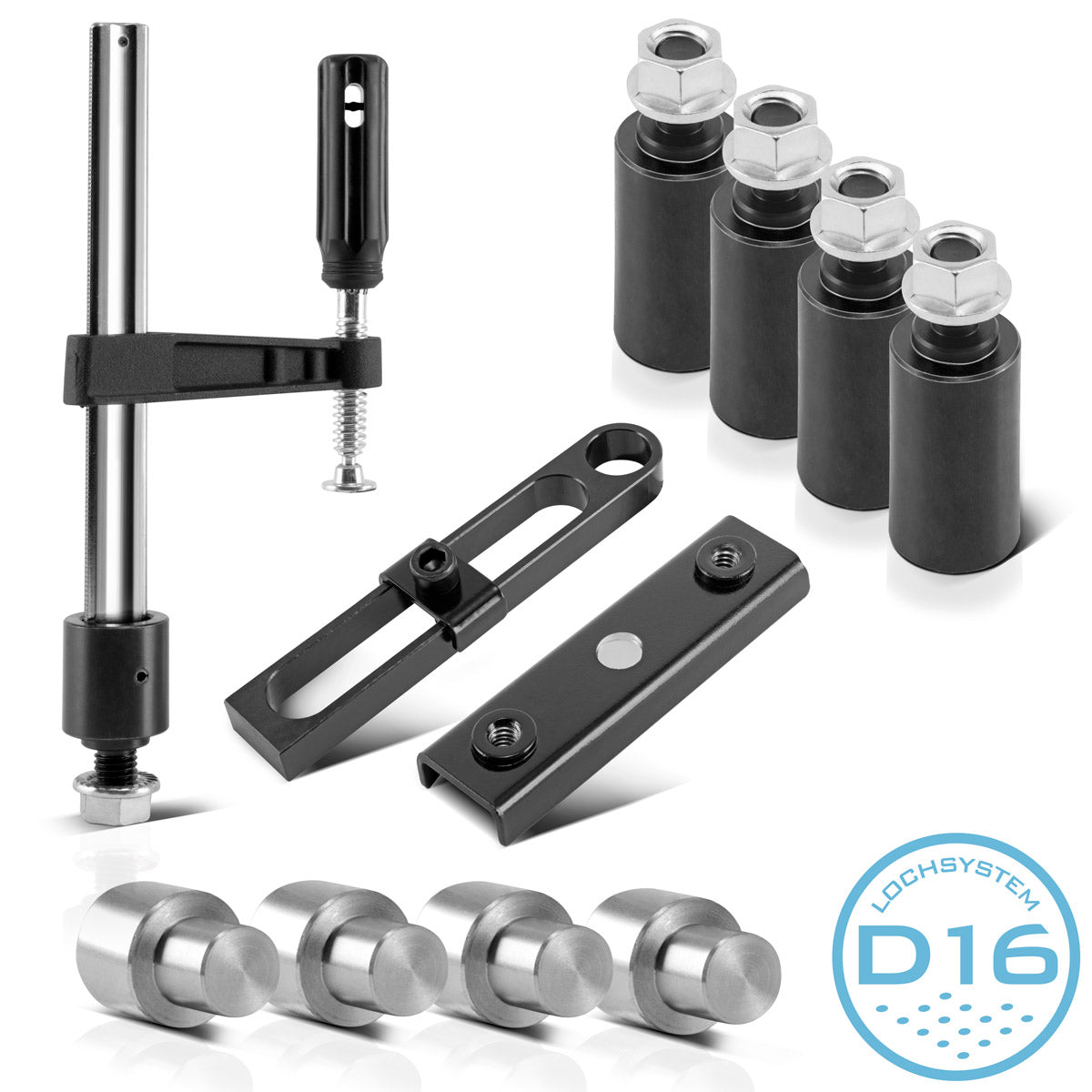 STAHLWERK D16 Schweißtischzubehör Set mit variablem Anschlag, Schraubzwinge, Anschlagbolzen mit Abhebesicherung und Spannbolzen für das D16 System