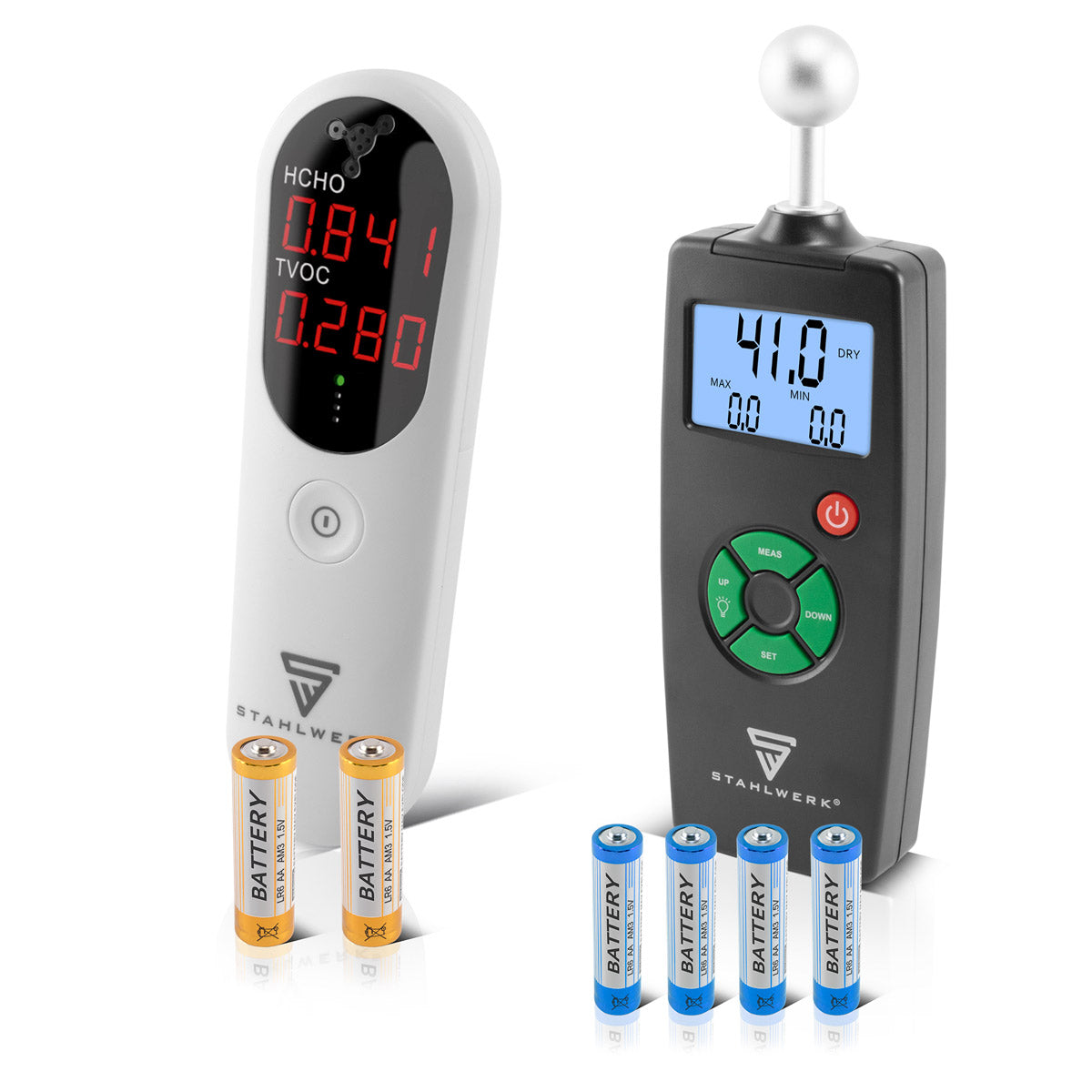 Steelworks test tool set with air quality measuring device LM-10 ST and moisture measuring device FM-100 ST, HCHO TVOC test device for precise pollutant measurement and moisturizer with 40 mm measuring depth