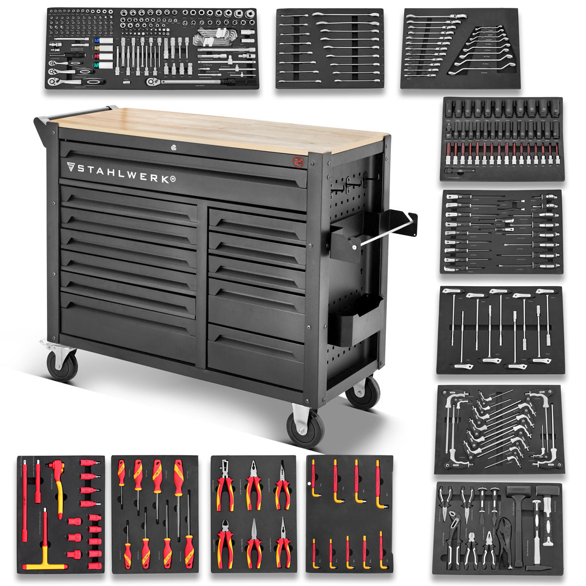 Steelworks workshop car Dino filled with 368 premium tools made of chrome vanadium, lockable XXL tool car | Professional assembly ducts with 12 drawers and rubberized long-life rollers