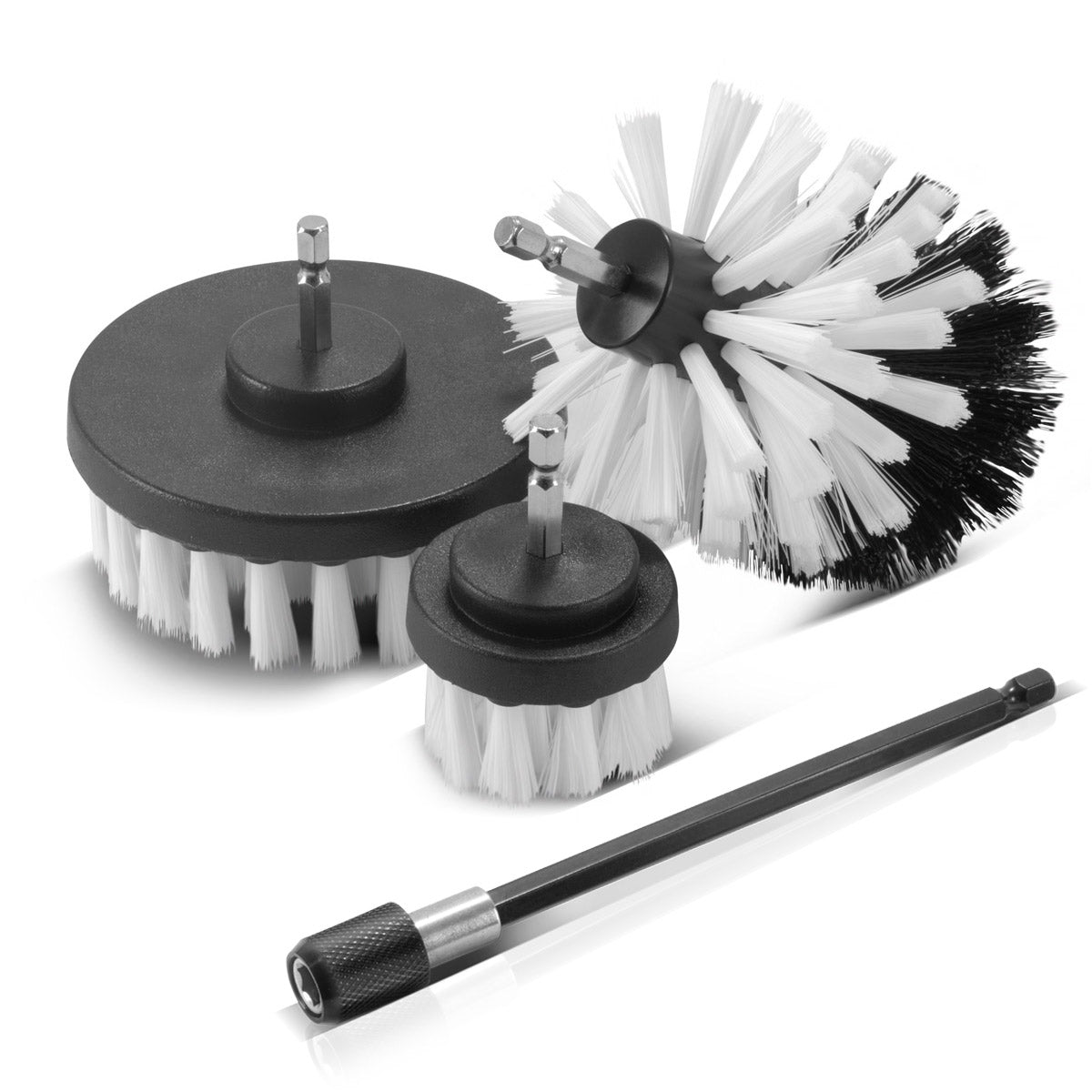 Steelworks brush attachment 4 Set for cordless screwdriver and drilling machines, cleaning, polishing and detailing brushes with standard bit recording including extension adapter