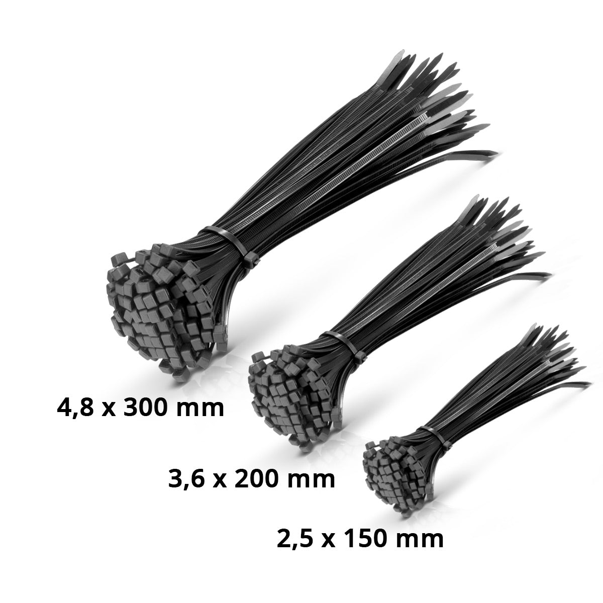 Steelworks cable tie 150 set 2.5 x 150 mm | 3.6 x 200 mm | 4.8 x 300 mm in black, industrial quality cable straps, UV-resistant, extremely train-proof, stable and durable