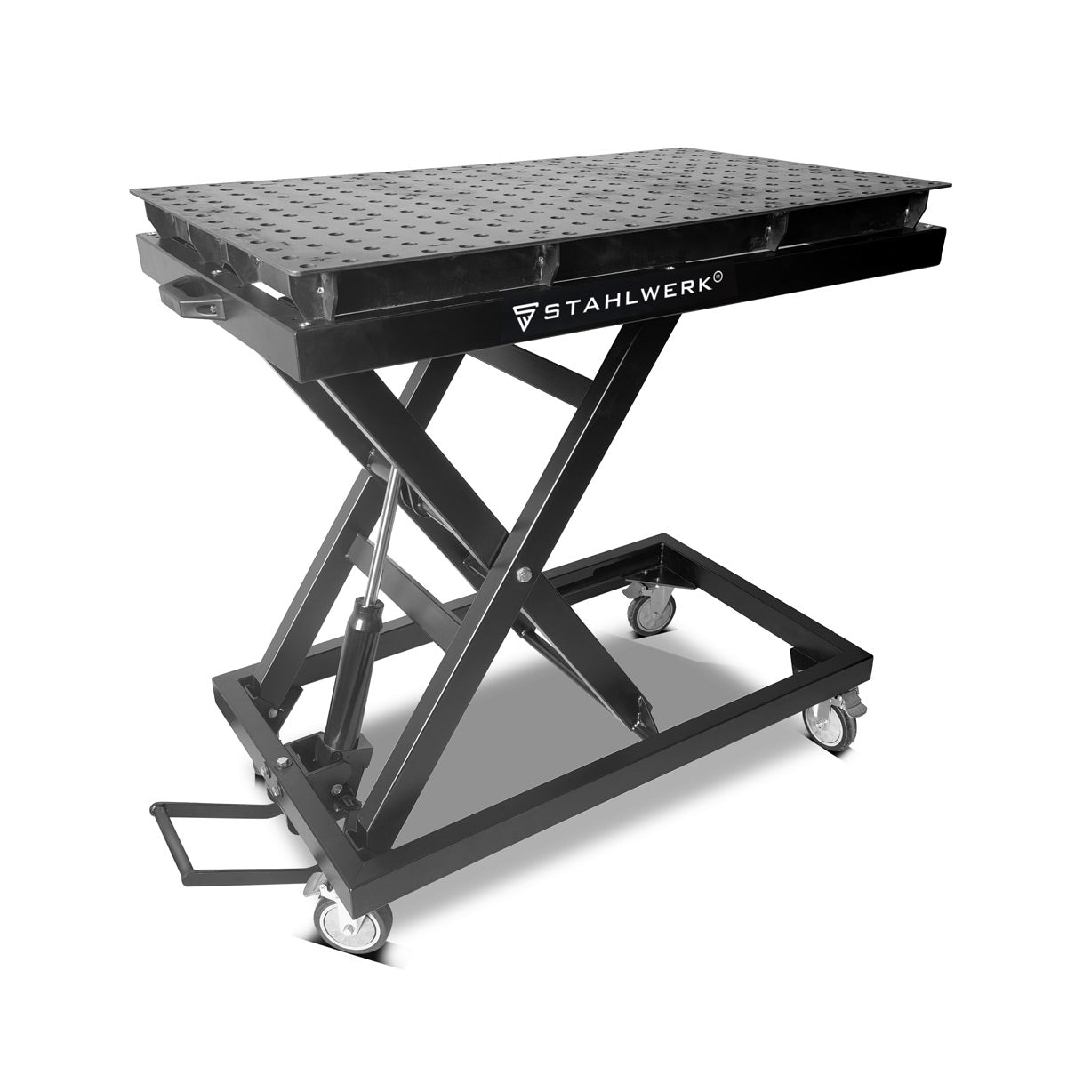 Steelworks height -adjustable welding table HWT -1100 ST 1100 x 640 mm hydraulic assembly table with 490 - 1100 mm lifting area, 300 kg load capacity, D22 hole plate and powder -coated legs