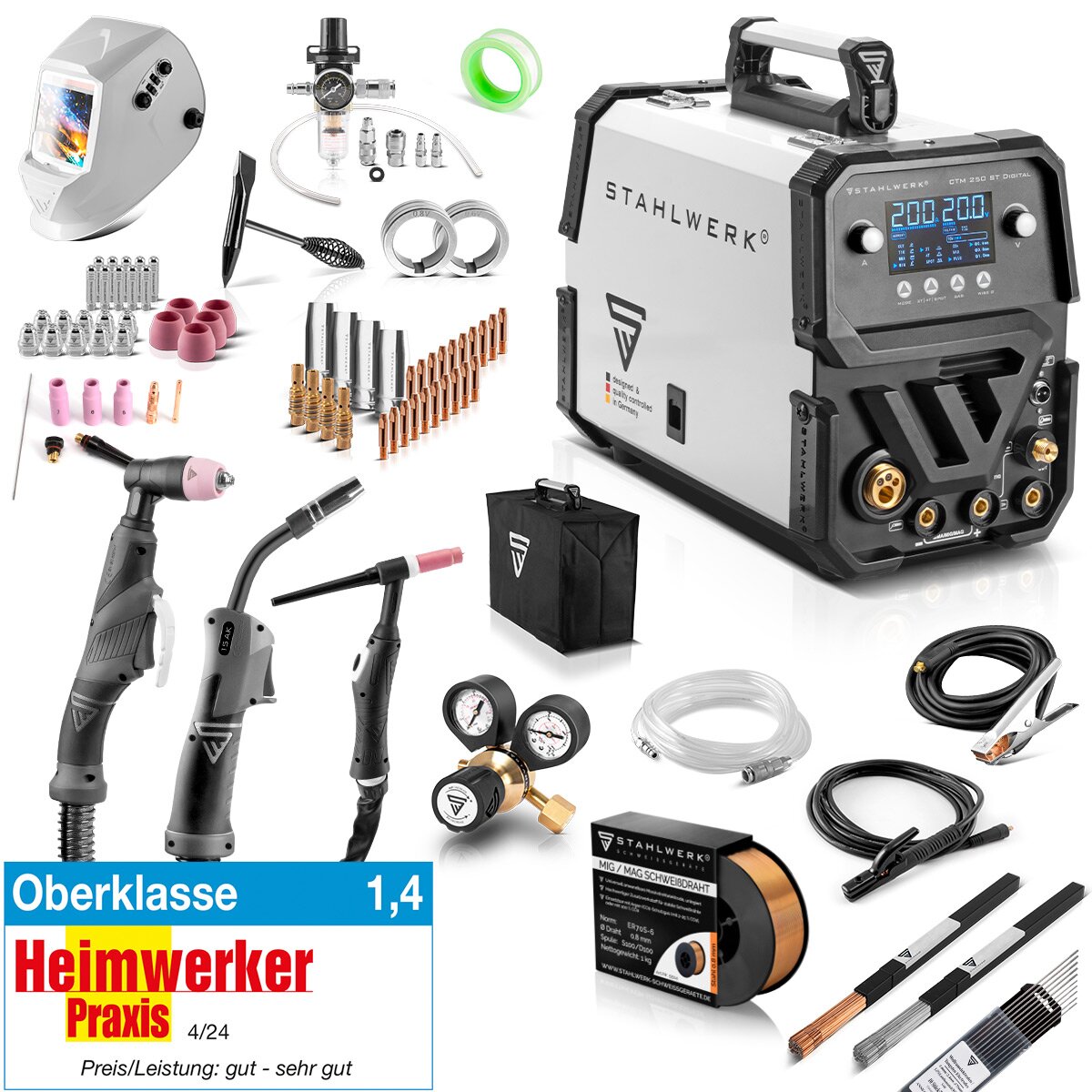 Stahlwerk combi welding device CTM-2550 ST digital full equipment 5-in-1 protective gas welding device | Inverter with 200 A, spot function, synergic wire feed and integrated 50 A plasma cutter cut | WIG | Mig Mag | MMA | Flux