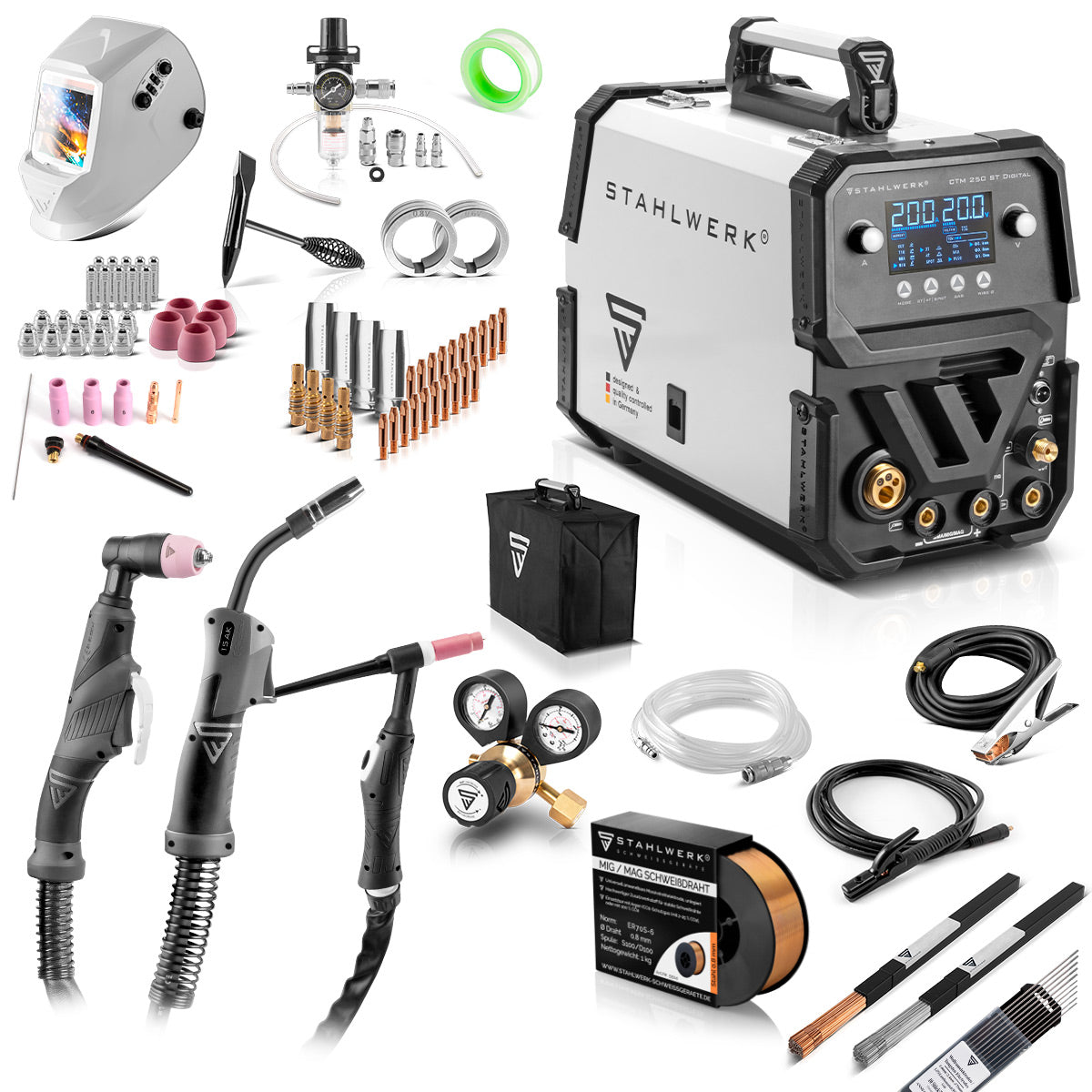 Stahlwerk combi welding device CTM-2550 ST digital full equipment 5-in-1 protective gas welding device | Inverter with 200 A, spot function, synergic wire feed and integrated 50 A plasma cutter cut | WIG | Mig Mag | MMA | Flux