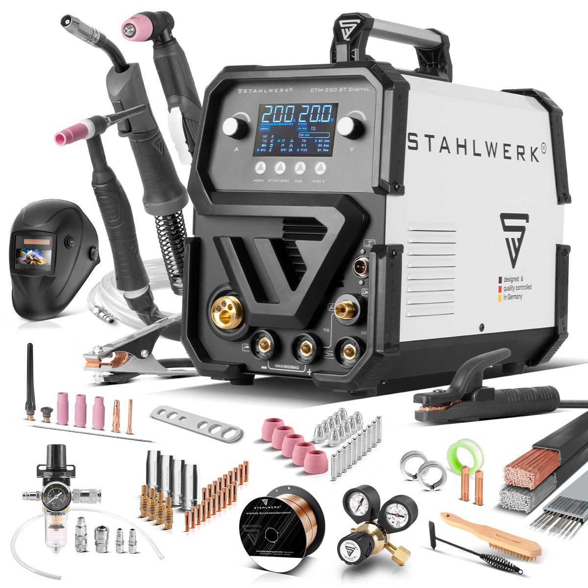 آلة لحام مركبة STAHLWERK CTM-250 ST آلة لحام غاز خامل 5 في 1 رقمية مجهزة بالكامل | عاكس بقدرة 200 أمبير، وتغذية سلكية متآزرة، وقاطع بلازما مدمج بقدرة 50 أمبير CUT | تيج