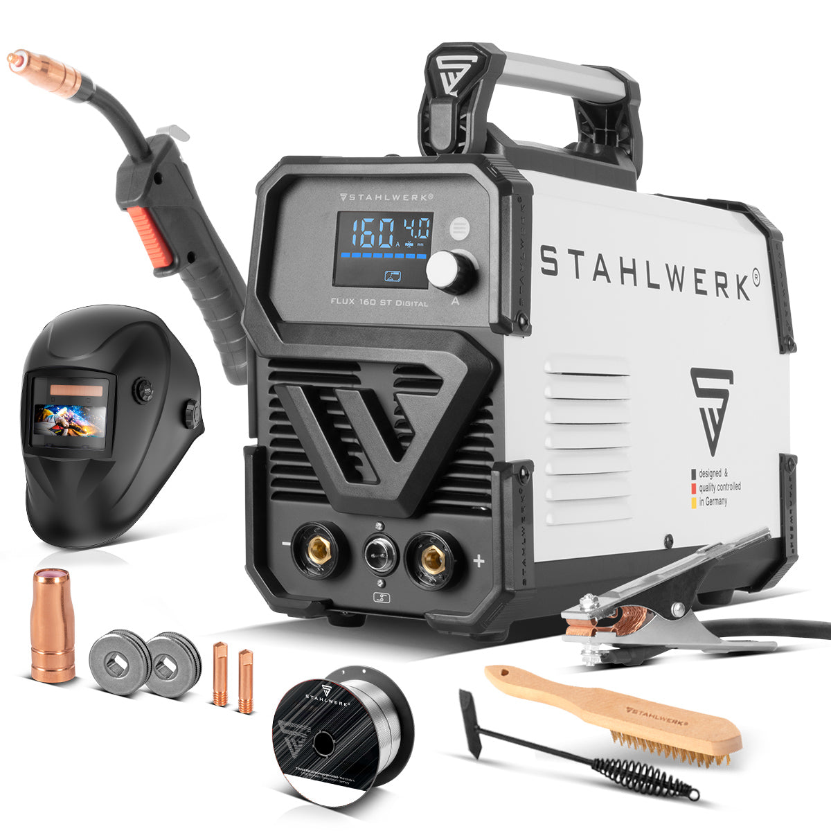 STAHLWERK Schweißgerät FLUX 160 ST Digital mit 160 A Vollausstattung, synergischem Drahtvorschub, Lift TIG und MMA Funktion zum Schweißen ohne Schutzgas
