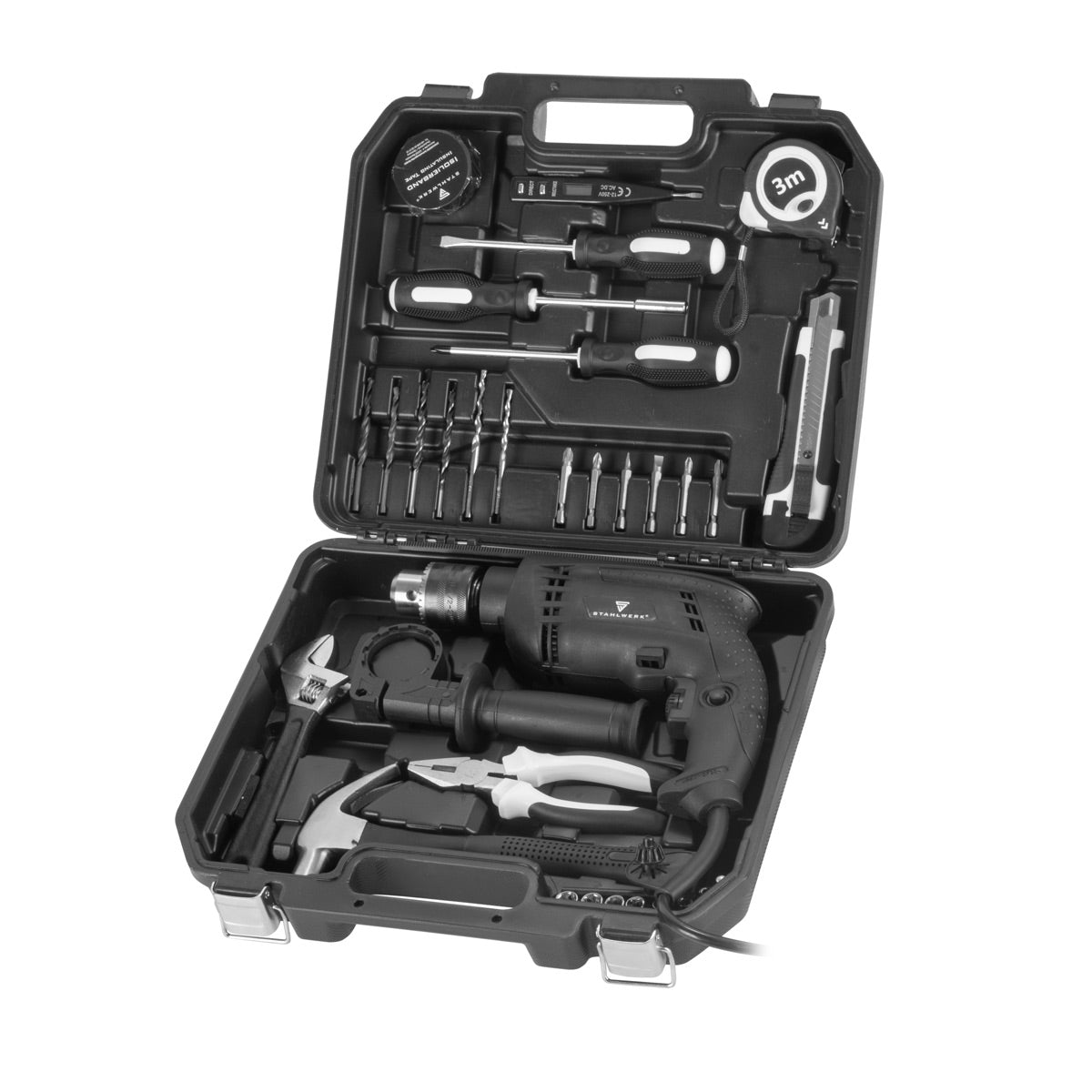 STAHLWERK Heimwerker Set DTS-33 ST Werkzeugkoffer | Tool Box | Werkzeugkasten mit 32-teiligem Werkzeug Set aus Schlagbohrer, Schraubendrehern, Hammer, Zange, Maßband, Spannungsprüfer, Bits und Zubehör