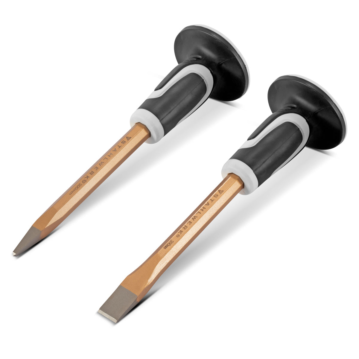 Steelwork Flachmeißel | Pointed chisel 2 Set Gold 300 mm Hand chisel made of hardened steel for professional chisels of metal, stone, wood, concrete, tiles and plastics