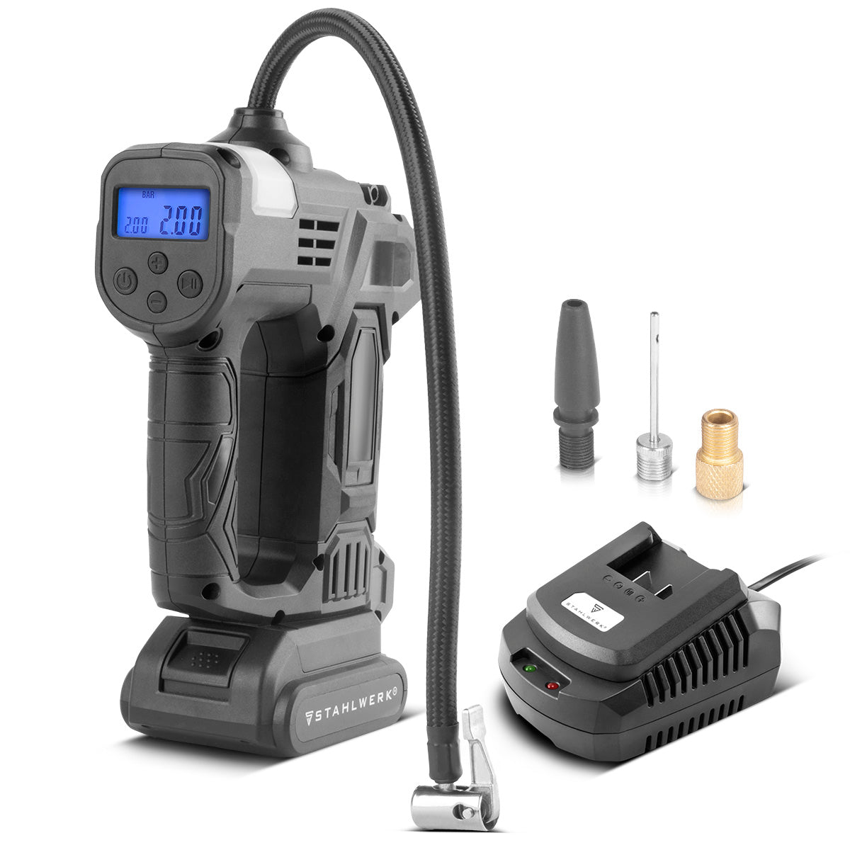 STAHLWERK cordless air compressor ADK-20 ST | 72 watts of power and 2 Ah battery | Mini compressor for inflating tires, balls | Electric air pump with digital display and lighting | Air compressor