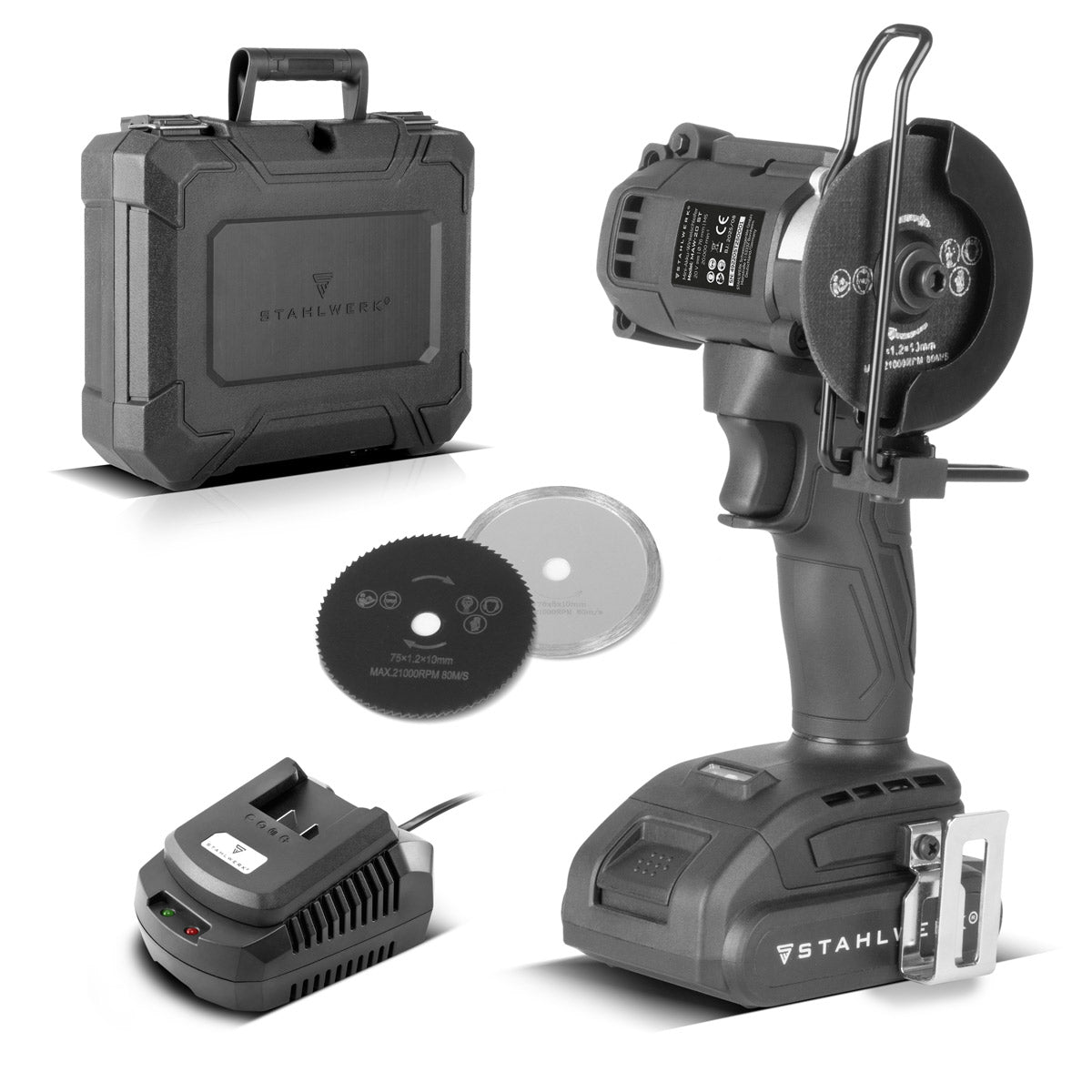STAHLWERK mini cordless angle grinder MAW-20 ST with 2000 mAh battery | Hand angle grinder for cutting metal, tiles and wood | Electric mini saw with brushless technology