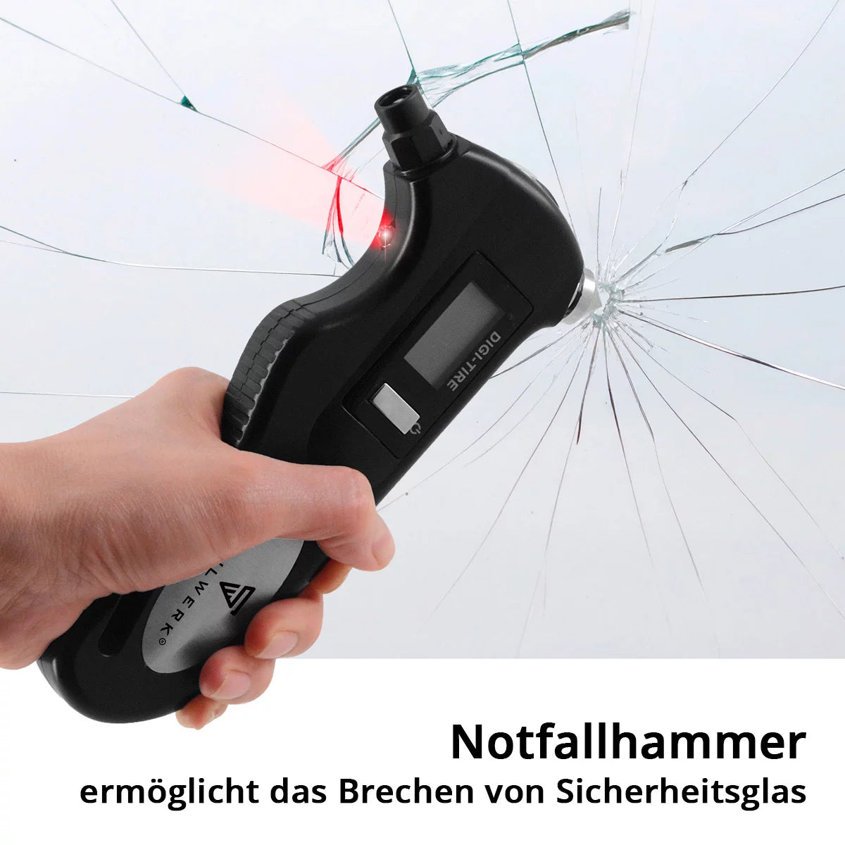 STAHLWERK 5-in-1 Reifendruckprüfer mit LED-Licht | Digitaler Luftdruckprüfer | Gurtschneider | Notfallhammer | Arbeitsleuchte | Multifunktionales Luftdruckmessgerät für PKW, Fahrrad, Auto