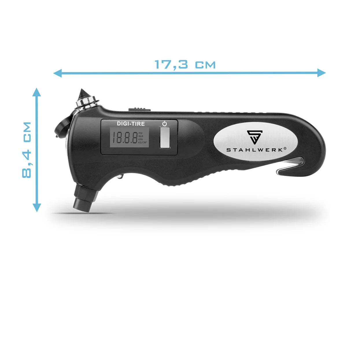 STAHLWERK 5-in-1 Reifendruckprüfer mit LED-Licht | Digitaler Luftdruckprüfer | Gurtschneider | Notfallhammer | Arbeitsleuchte | Multifunktionales Luftdruckmessgerät für PKW, Fahrrad, Auto