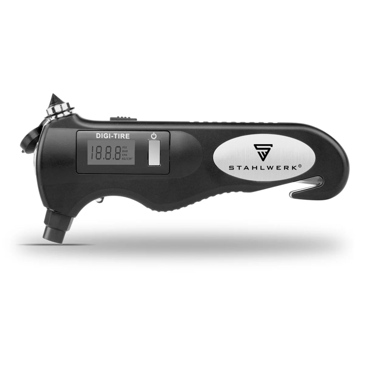 STAHLWERK 5-in-1 Reifendruckprüfer mit LED-Licht | Digitaler Luftdruckprüfer | Gurtschneider | Notfallhammer | Arbeitsleuchte | Multifunktionales Luftdruckmessgerät für PKW, Fahrrad, Auto