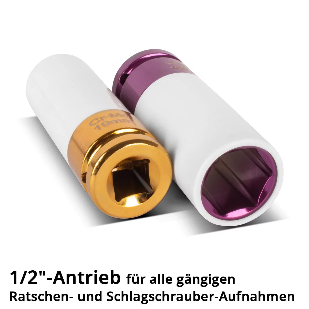 STAHLWERK Schlagschrauber-Nüsse-Set 1/2" Antrieb | 5 Schonnüsse 15, 17, 19, 21, 22 mm | Für einfachen Radwechsel | Cr-Mo-Stecknüsse für Alufelgen | Mit Felgenschutz | 6-Punkt-Profil | Farbcodiert
