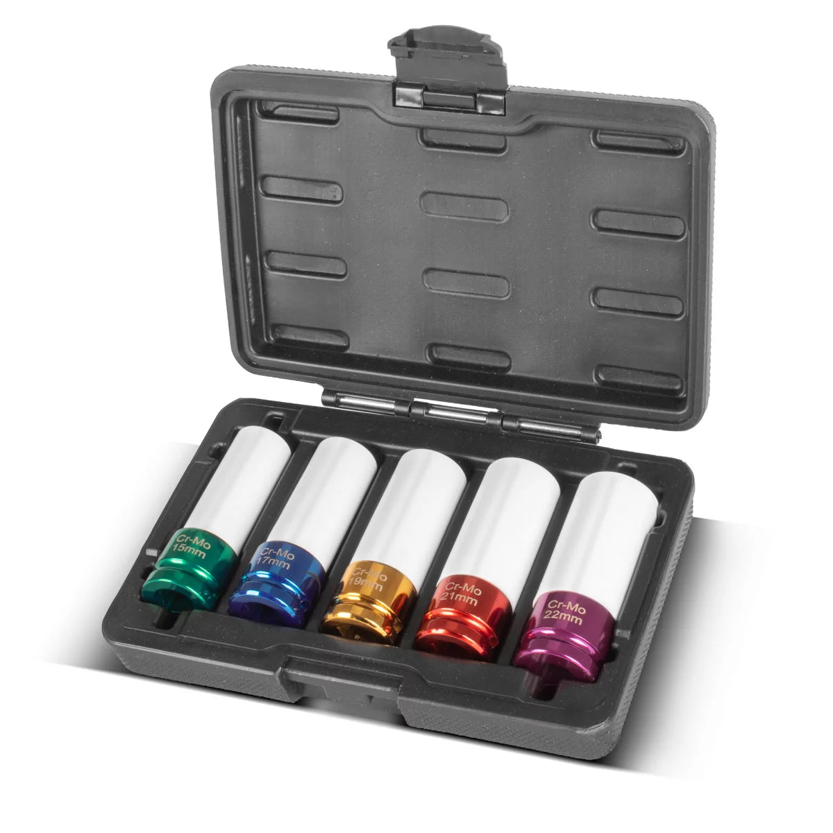 STAHLWERK Schlagschrauber-Nüsse-Set 1/2" Antrieb | 5 Schonnüsse 15, 17, 19, 21, 22 mm | Für einfachen Radwechsel | Cr-Mo-Stecknüsse für Alufelgen | Mit Felgenschutz | 6-Punkt-Profil | Farbcodiert