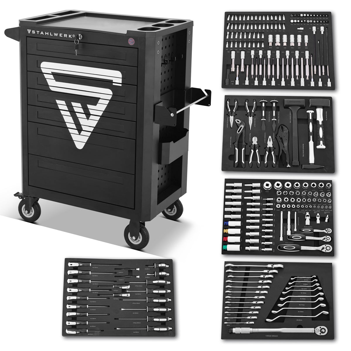 Steelworks workshop car | Tool car | Monta ducts Shark with rubberized rollers, practical paper roll holder and 6 drawers, equipped with a high-quality 160-part chrome vanadium tool