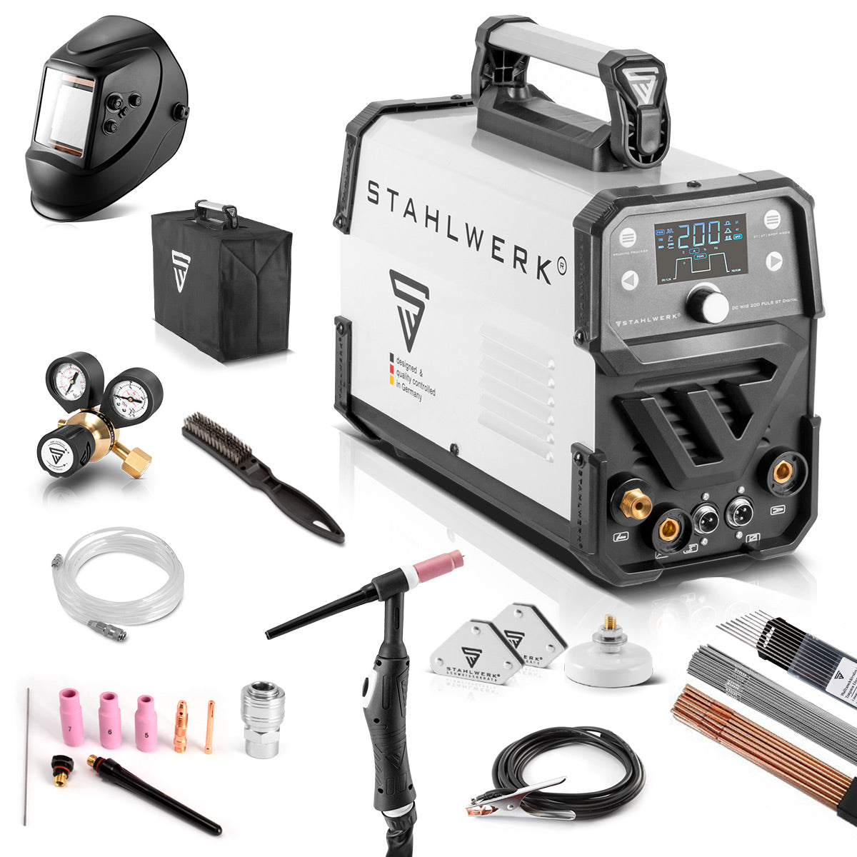 Steelworks 2-in-1-combi welding device DC WIG 200 PULS ST Digital Full equipment-digital professional WIG welding machine with MMA | E-hand and pulse function | IGBT-Inverter with LED display | Suitable for thin sheet