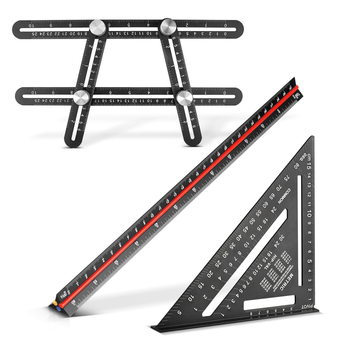 STAHLWERK Lineal Set mit Multiwinkel-Messlineal, Dreikant-Lineal und Winkeldreieck mit Anschlag zum präzisen Messen, Anreißen, Markieren und Zeichnen