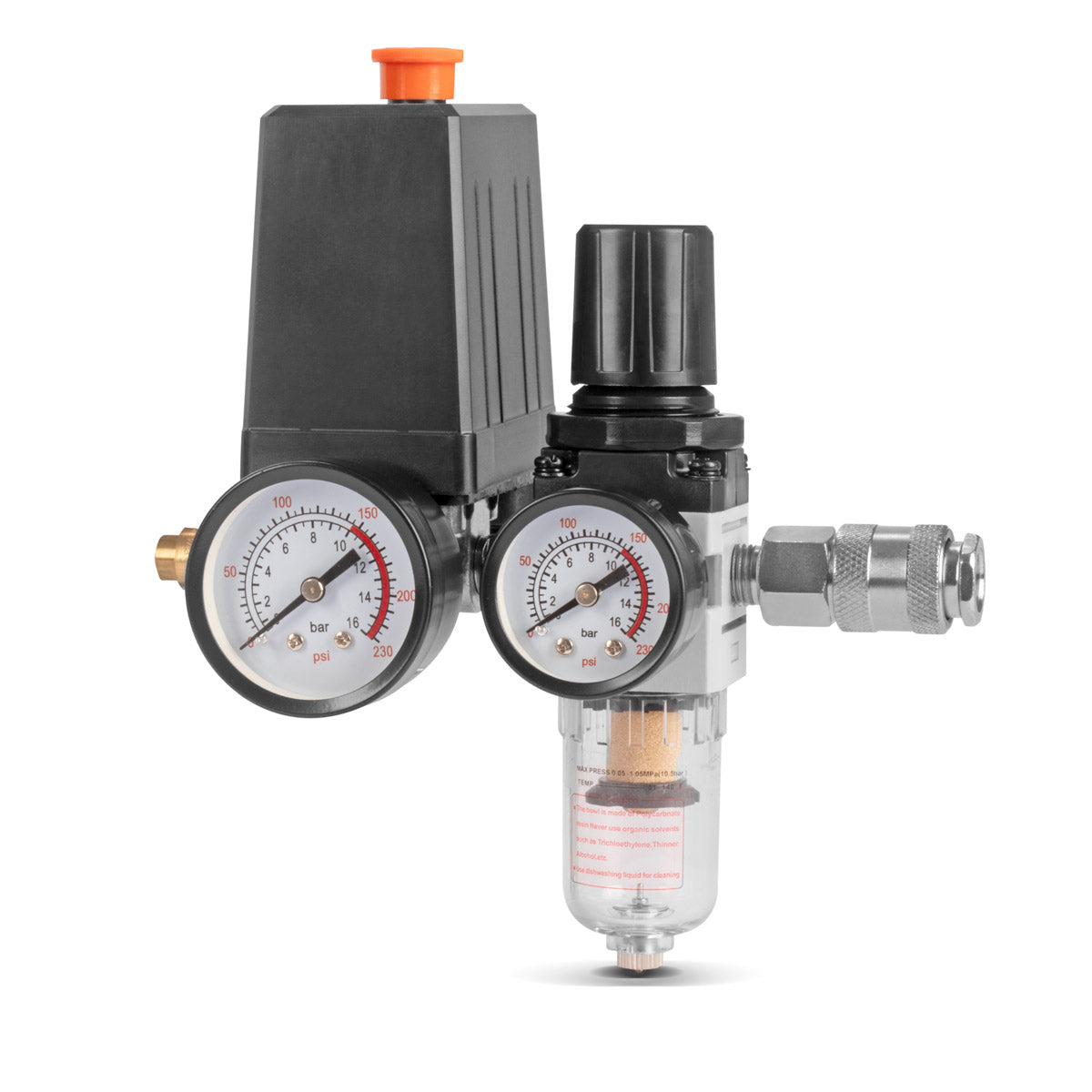 Steelworks pressure switch DEW-20 ST 0-10 bar pressure regulator | Tax valve | Compressor switch with manometer, water separator and quick coupling for compressed air compressors