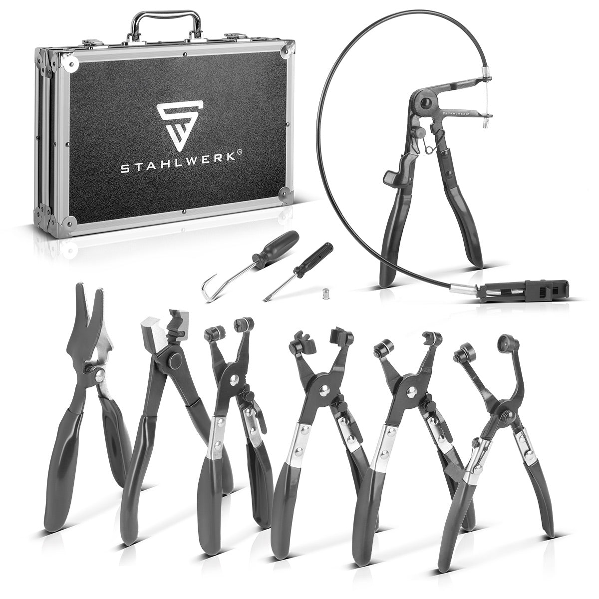 Steelworks hose clamps 9-part set of hose terminal pliers | Schellen-pliers | Clamping clamp tongs | Installation tool for assembly and disassembly of hose clamps on the vehicle