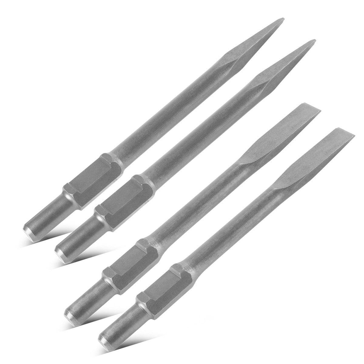 Cincel de acero 4 set con 2 cinceles planos y 2 cinceles puntiagudos de 30 x 380 mm grabación hexagonal para el martillo de demolición | Stemmhammer | Meißelhammer | Schlager | Bohrhammer | Martillo de demolición