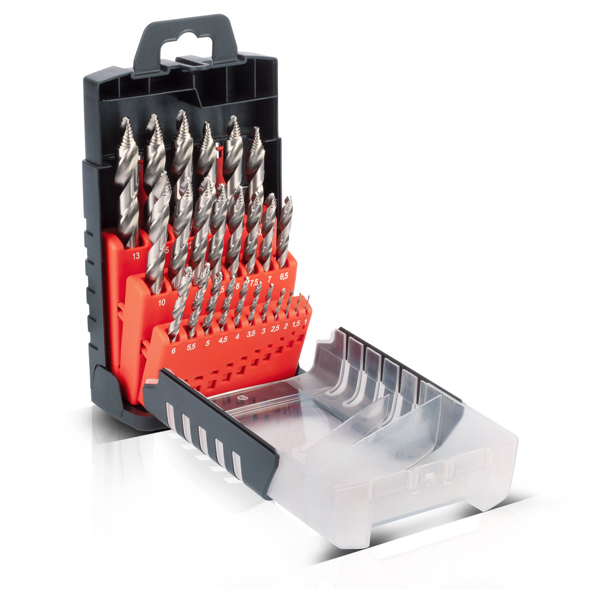 STAHLWERK HSS-Spiralbohrer mit Stufenspitze | 25er Set 1-13 mm | DIN 338 Typ N | HSS-Bohrer-Satz | Profilgeschliffenes Bohrer-Set | Spitzenwinkel 118 Grad | Hochleistungsbohrer für präzise Bohrungen