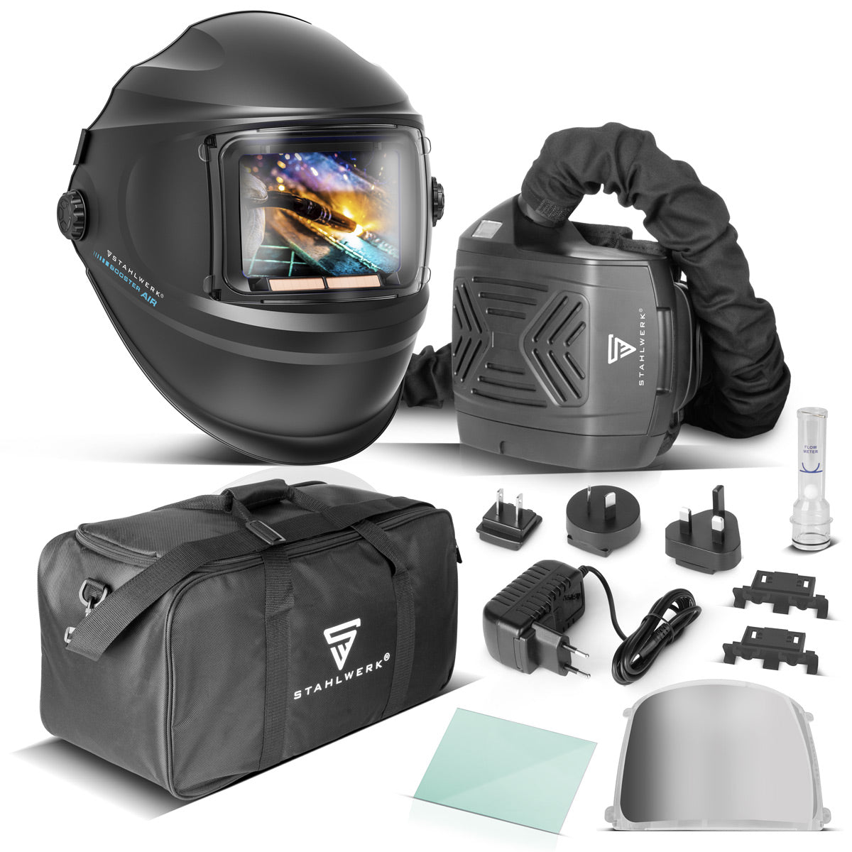 STAHLWERK 3-in-1 Automatik-Schweißhelm BOOSTER AIR | Schweißhelm mit Frischluftzufuhr | PAPR-System | True-Colour-Farbwiedergabe | Jobspeicher | Abdunkelung DIN 4 bis DIN 13 | Optische Klasse 1/1/1/2
