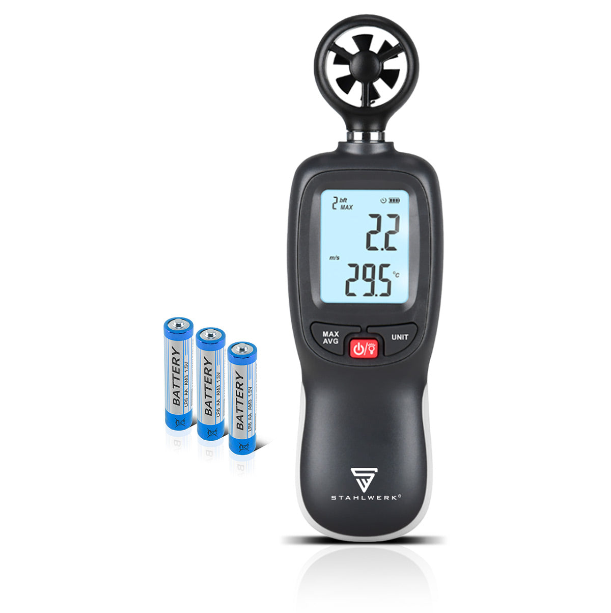 STAHLWERK Anemometer | Kompakter Luftgeschwindigkeitsmesser 30 m/s | Windmessgerät | Luftstrommesser | Präzise Messung von Windgeschwindigkeitsdaten | Digitales Lufttemperaturmessgerät mit LCD-Display