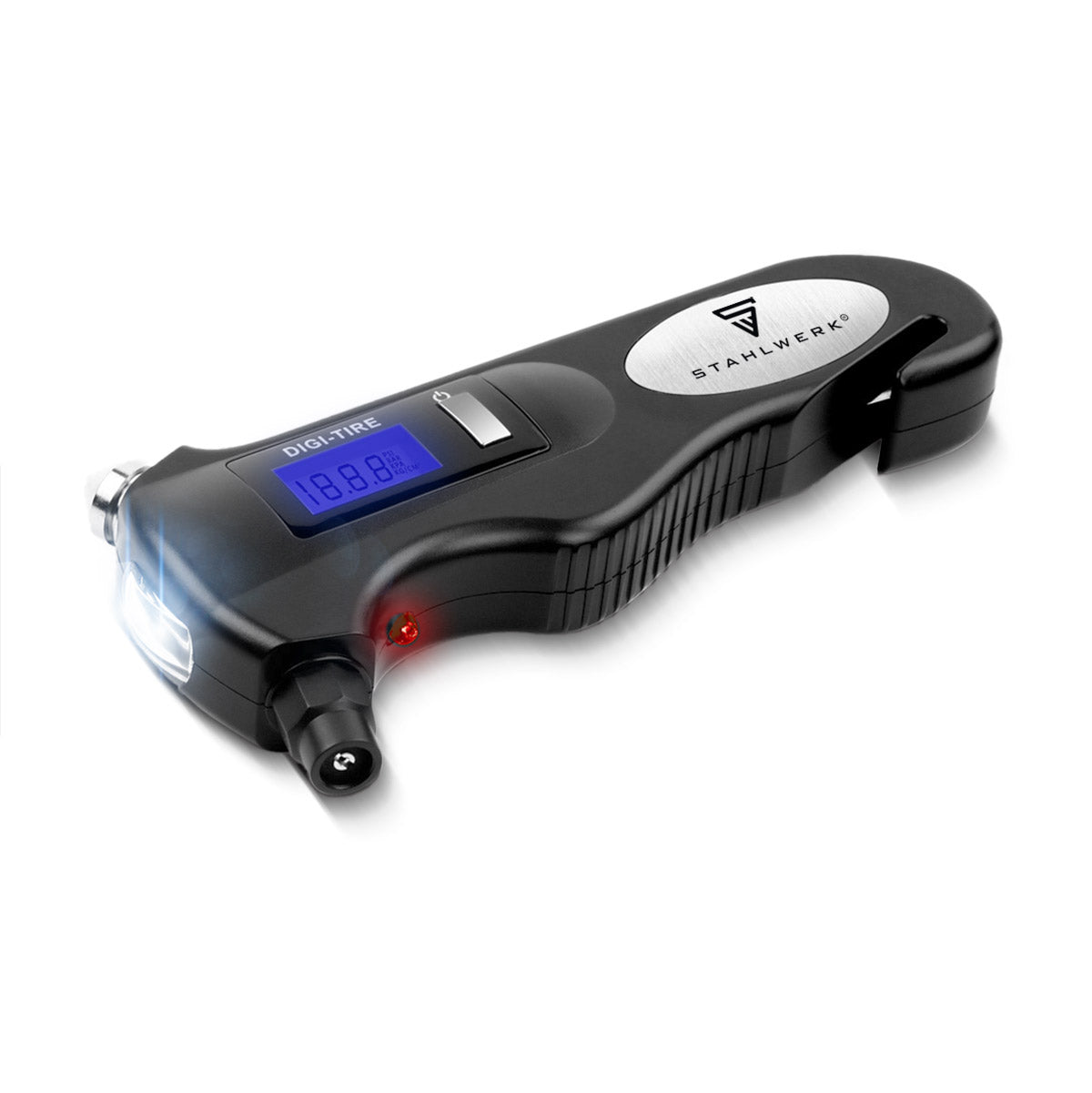 STAHLWERK 5-in-1 Reifendruckprüfer mit LED-Licht | Digitaler Luftdruckprüfer | Gurtschneider | Notfallhammer | Arbeitsleuchte | Multifunktionales Luftdruckmessgerät für PKW, Fahrrad, Auto