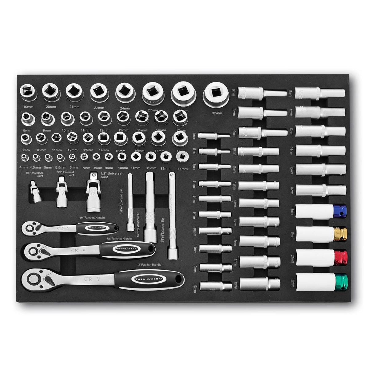 STAHLWERK 80-teiliger Profi-Steckschlüsselsatz in Werkstattwageneinlage | Hochwertiges CrV-Werkzeug | Werkzeugwageneinlage | Perfekte Organisation | Knarren- und Ratschen-Set | 1/4", 3/8", 1/2"