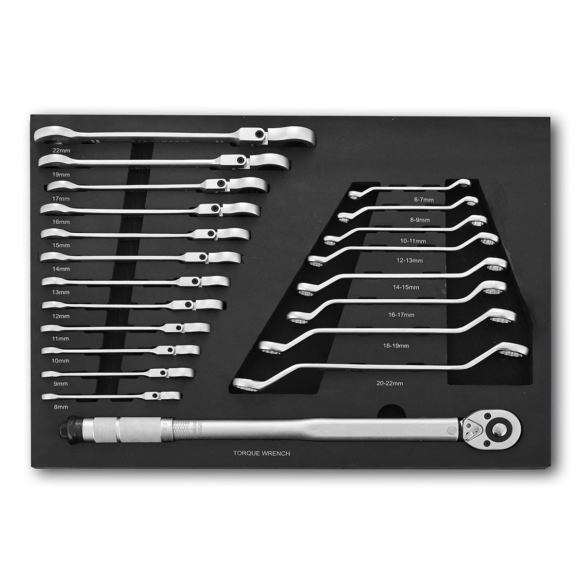 STAHLWERK 21-teiliges Schraubenschlüssel-Set mit Schaumstoffeinlage |Für Werkstattwagen |Drehmomentschlüssel und Ringschlüssel-Satz | Inklusive neigbare Maulschlüssel | Werkzeugwageneinlage