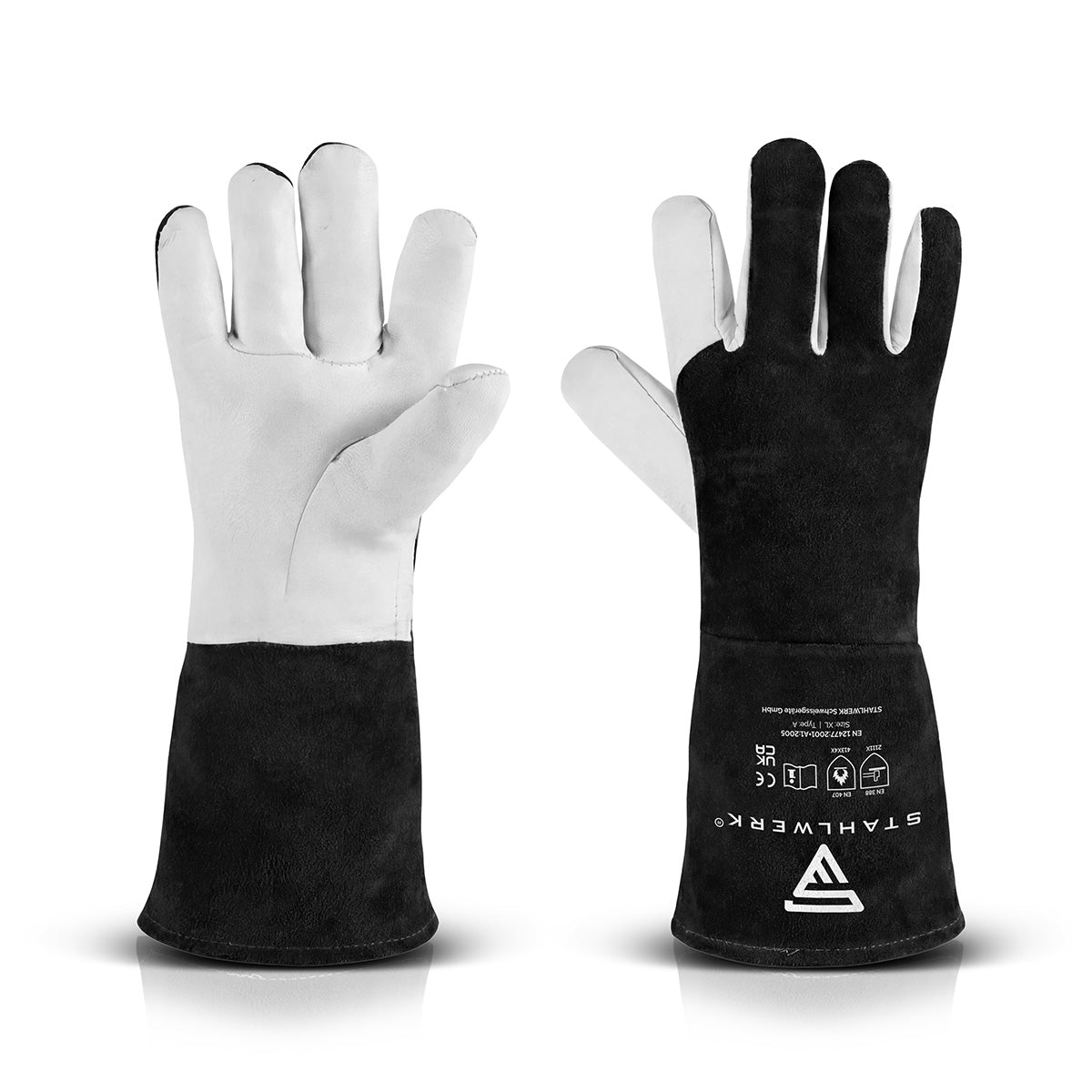 STAHLWERK Schweißerhandschuhe aus Echtleder | Hitzeschutzhandschuhe | Robustes Rindspaltleder | 34 cm Länge | Hitze- und feuerbeständige Arbeitshandschuhe | WIG, TIG, MIG MAG, MMA und Plasmaschneiden