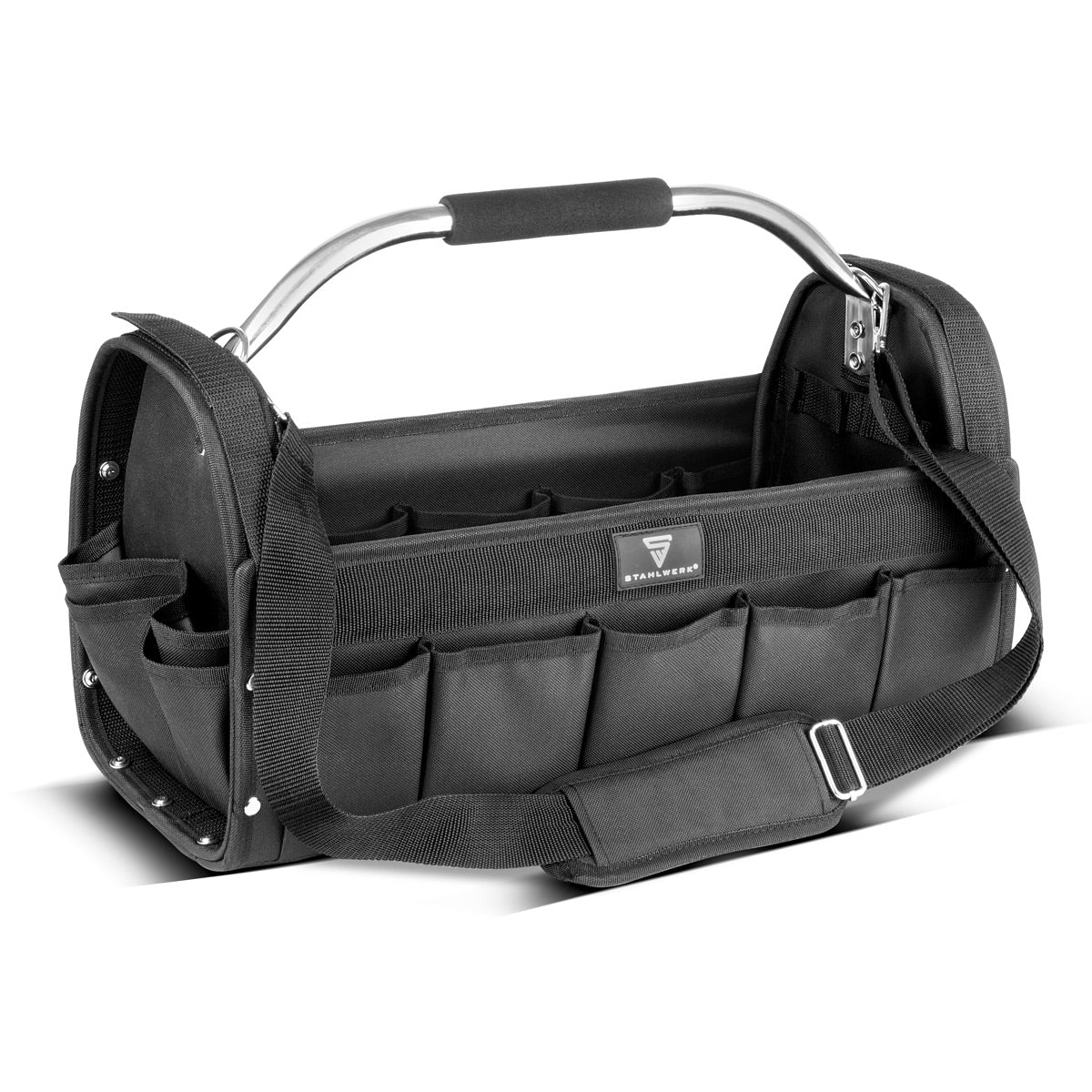 STAHLWERK Werkzeugtasche | 18 Aussen- und 10 Innentaschen | Robuste Installateur-Tasche | Tragbarer Werkzeugkoffer | Montagetasche mit Tragegriff und Schultergurt | Strapazierfähiges Polyester-Gewebe