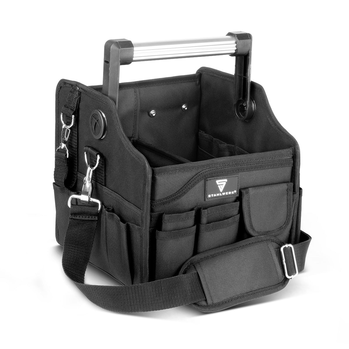 STAHLWERK Werkzeugtasche mit 14 Aussentaschen | 2 Innenfächer | Robuste Elektriker-Tasche | Tragbare Montagetasche mit verstärktem Rahmen | Aluminium-Tragegriff und Gurt | Strapazierfähiges Polyester