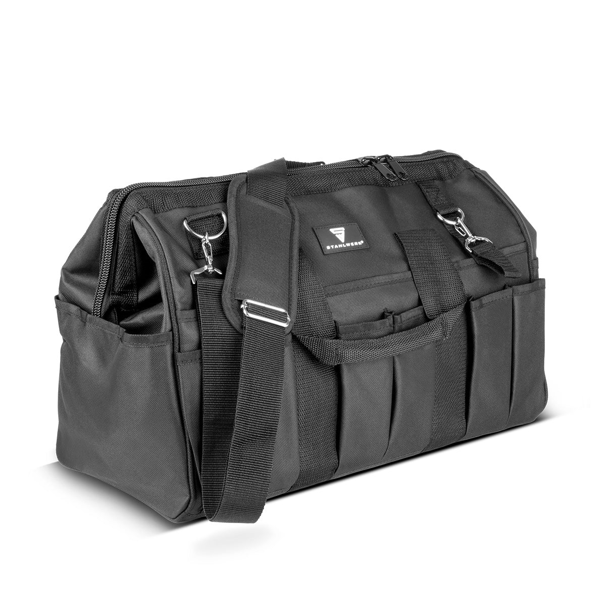 STAHLWERK Werkzeugtasche | 15 Aussen- und 6 Innenfächer | Weitöffnende Installateur-Tasche | Tragbarer Werkzeugkoffer | Montagetasche mit Doppelgriff und Gurt | Strapazierfähiges Polyester-Gewebe