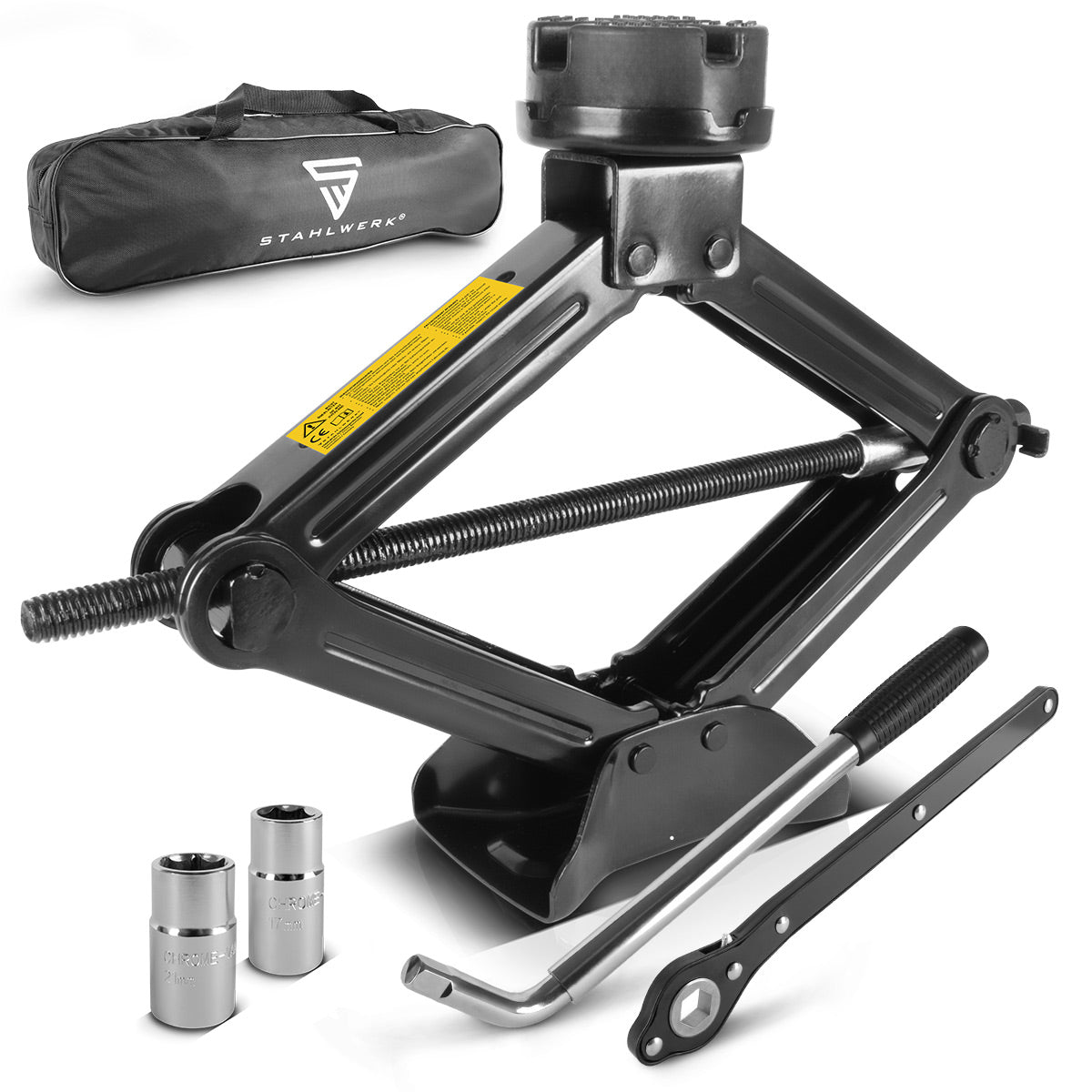 STAHLWERK SWH-2 ST Wagenheber | Scherenwagenheber | 2 Tonnen Hubkraft | Teleskop-Radmutterschlüssel mit Stecknuss 17, 19 mm | Transporttasche | Kompaktes Wagenheber-Set für Reifenwechsel & Werkstatt