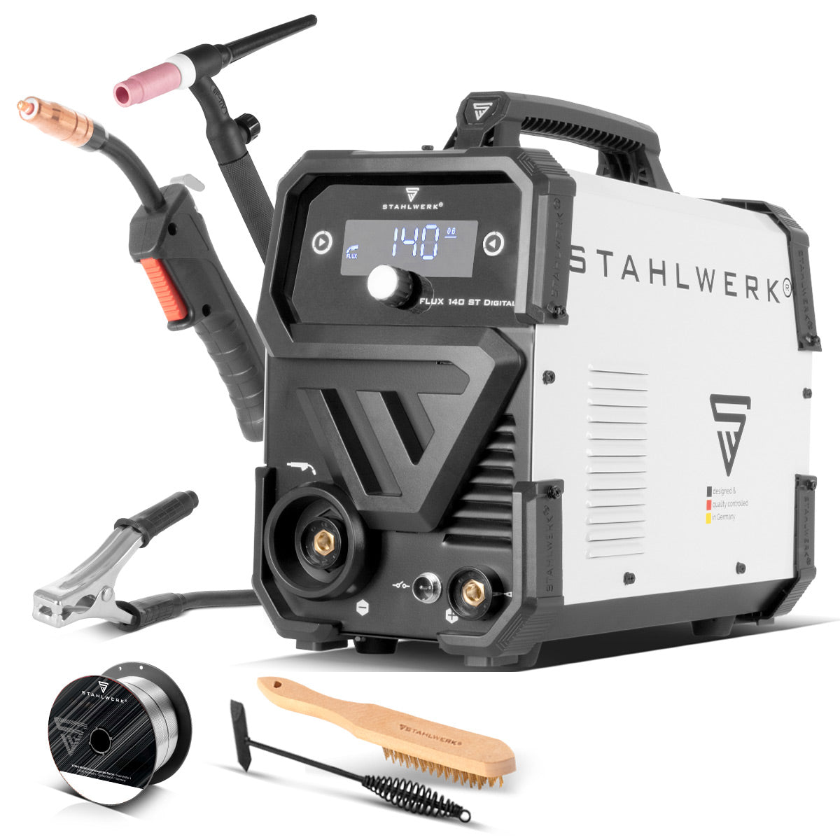 STAHLWERK Schweißgerät FLUX 140 ST Digital Lift TIG Starter Set mit 140 A, synergischem Drahtvorschub, Lift-TIG und ARC/MMA Funktion zum Schweißen ohne Schutzgas