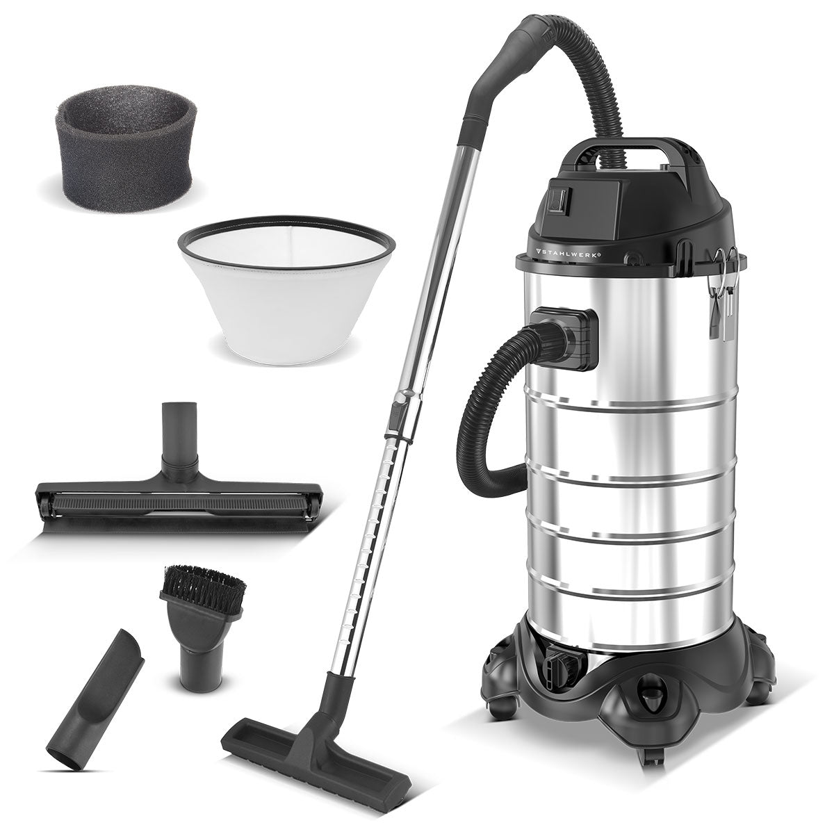 STAHLWERK wet and dry vacuum cleaner VCL-1500 ST | 1500 W industrial vacuum cleaner with 40 l stainless steel container | Blowing function and safety shutdown | Extensive accessory package | Robust workshop vacuum cleaner